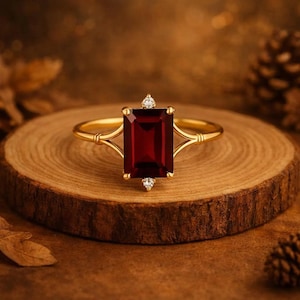 Emerald Cut Ruby Engagement Ring with Diamond Accent, Split Shank Wedding Ring, 9K Yellow Gold Ruby Solitaire Anniversary Ring, Promise Ring