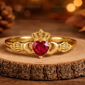Unique Heart Shape Red Ruby Ring Claddagh ring 14k Solid Gold Celtic Knot Ring Irish Crown Heart Ruby Ring Moissanite Anniversary Gifts