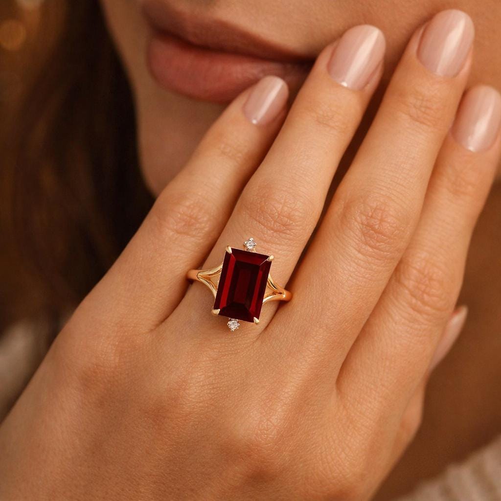 Emerald Cut Ruby Engagement Ring With Diamond Accent, Split Shank ...