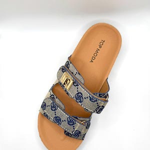 Women's Double Strap Flat Sandal with Monogram Jacquard Upper, Gold Square Buckle, Slip On Open Toe Mule, Casual Everyday Shoe