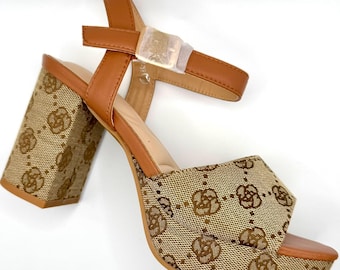 Women's Block Heel Sandal with Monogram Jacquard Strap, Ankle Strap Heeled Shoe, Printed Textile Upper, Dressy Casual Heel
