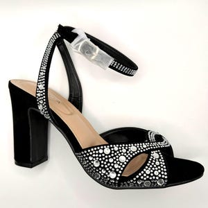 Women's Crystal Rhinestone Block Heel Sandal, All Over Embellished Ankle Strap Heel, Glamour Evening Shoe, Prom Gala Party Heel