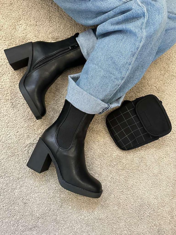 Women's Black Ankle Boots with Chunky Heel – Kloe Block Heel Booties, Stylish Everyday Fashion for Women