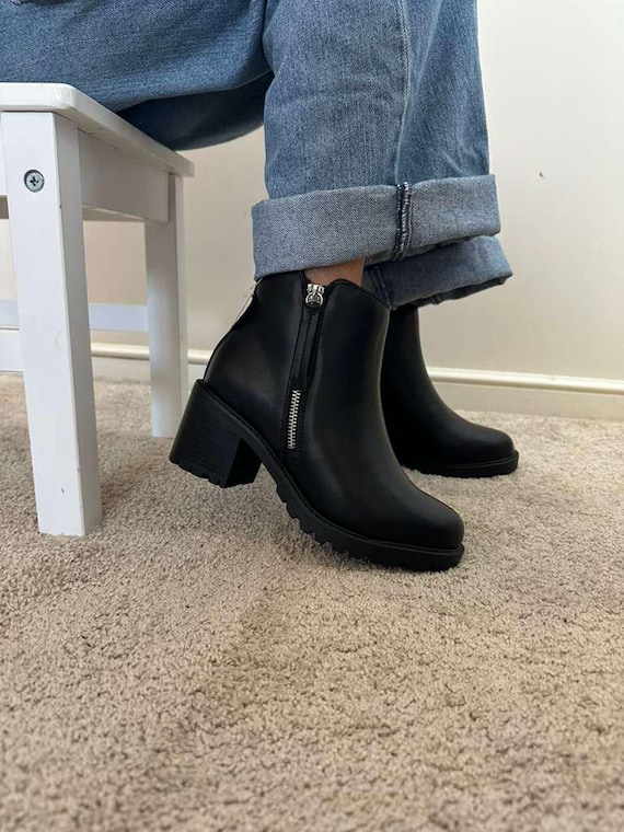 Women's Black Ankle Boots with Chunky Heel – Aqua Side Zipper Booties, Comfortable Everyday Fashion for Women