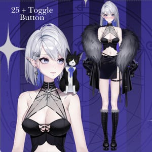 May include: An anime-style illustration of a woman with silver hair and blue highlights, wearing a black outfit with a fur collar. A black and white cat with a blue bow tie sits on her shoulder. The text "25 + Toggle Button" is in the upper left corner.
