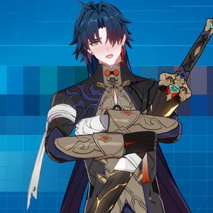 May include: An anime-style character with dark blue hair and a detailed outfit. The character is holding a sword with ornate details. The outfit features black, gray, and gold accents, with a white bandage on the arm. The background is a gradient of blue.