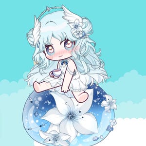 Puede incluir: Ilustración digital de un ángel chibi con cabello blanco, alas y un halo, sosteniendo una taza de té. Está sentada sobre un orbe floral azul y blanco contra un cielo azul claro con nubes. El ángel lleva un vestido blanco.
