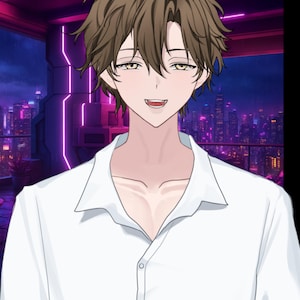 Könnte beinhalten: Anime-Illustration einer Person mit braunen Haaren und einem weißen Hemd mit Knöpfen. Die Person lächelt leicht gerötet, vor dem Hintergrund einer Stadtlandschaft mit neonvioletten Lichtern.