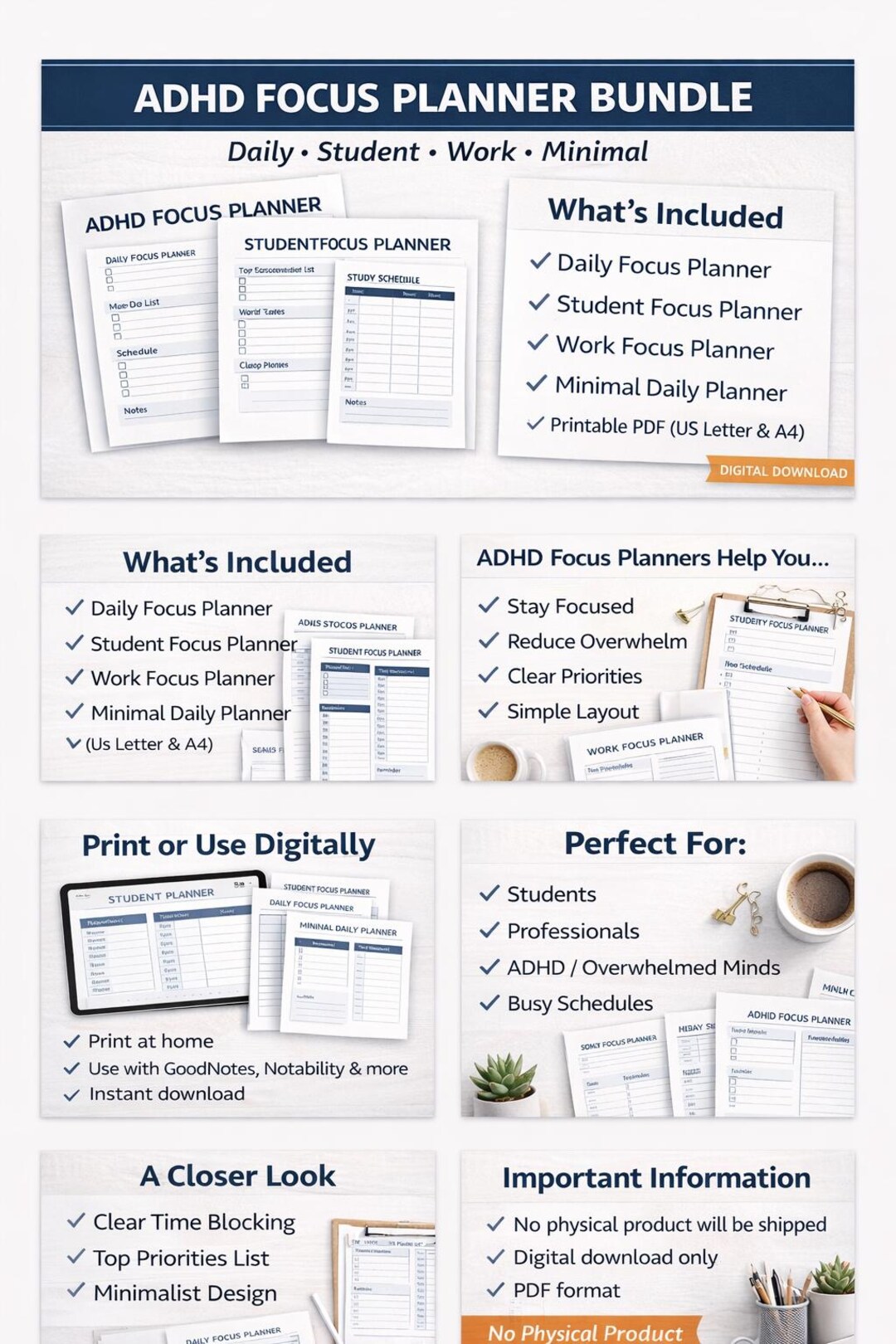 ADHD Daily Planner Bundle | Focus Planner Printable | Student, Work ...