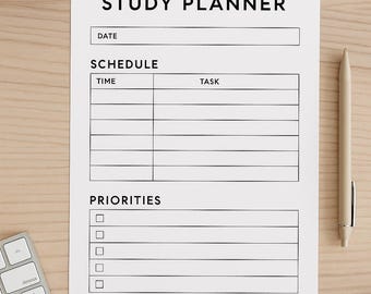May include: A white study planner titled "STUDY PLANNER". It features sections for date, schedule with time and task columns, and priorities. A beige pen and a small keyboard are on a wooden surface. The planner is designed for organisation.