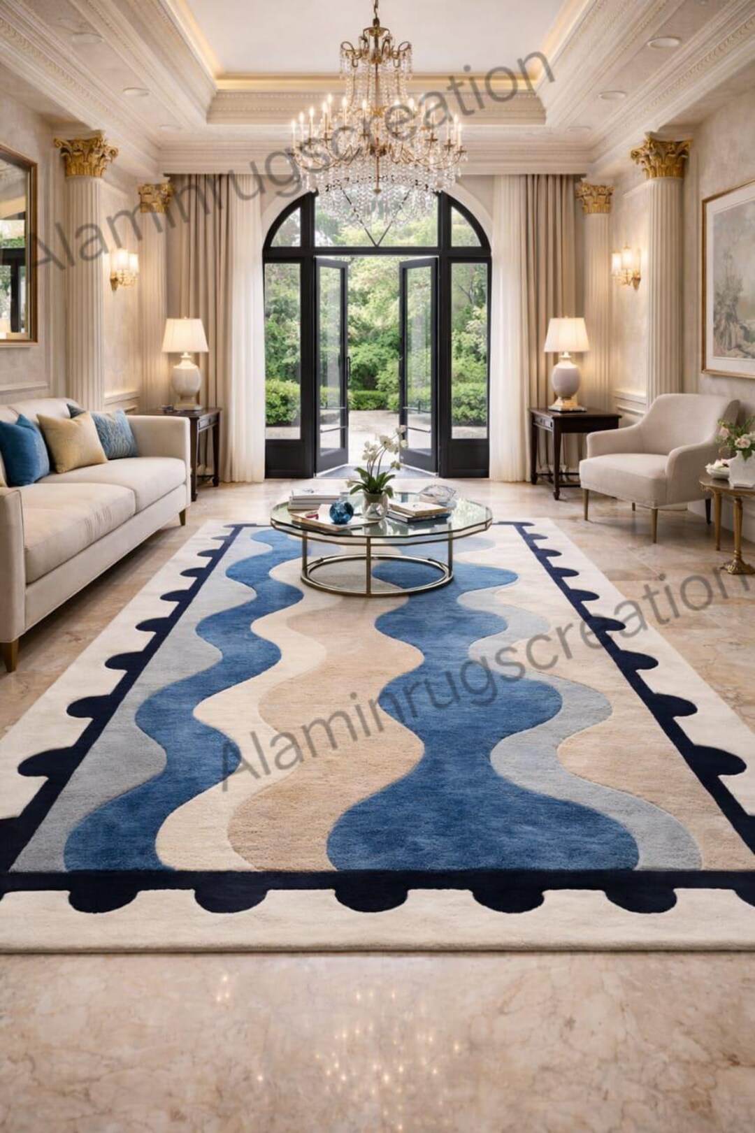 Ocean Wave Hand-tufted Wool Area Rug – Blue & Beige Abstract Modern ...