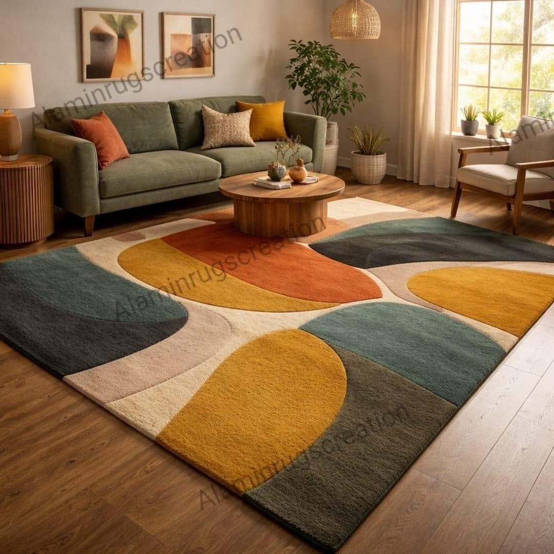 Hand Tufted Abstract Wool Area Rug – Modern Geometric Carpet in Mustard ...