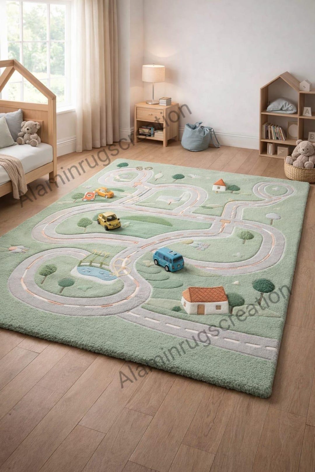 Car Road Map Rug Hand Tufted Kids Road Map Rug, Green Playroom Wool Area Rug, Nursery ...