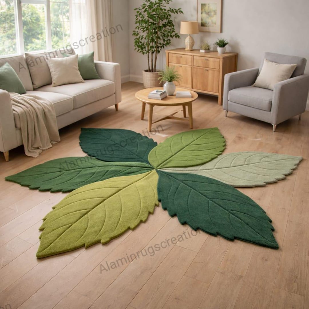 Hand Tufted Green Leaf Wool Rug, Botanical Clover Shape Area Rug ...