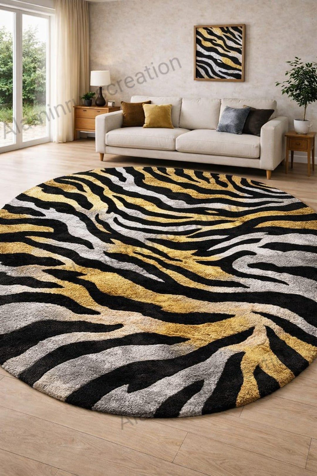 Luxury Round Zebra Pattern Hand-tufted Wool Rug – Black, Gold & Grey ...