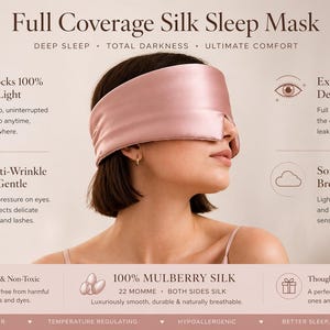 May include: A woman wearing a pale pink silk sleep mask. The mask is designed for full coverage and total darkness. The image includes the text "Full Coverage Silk Sleep Mask".