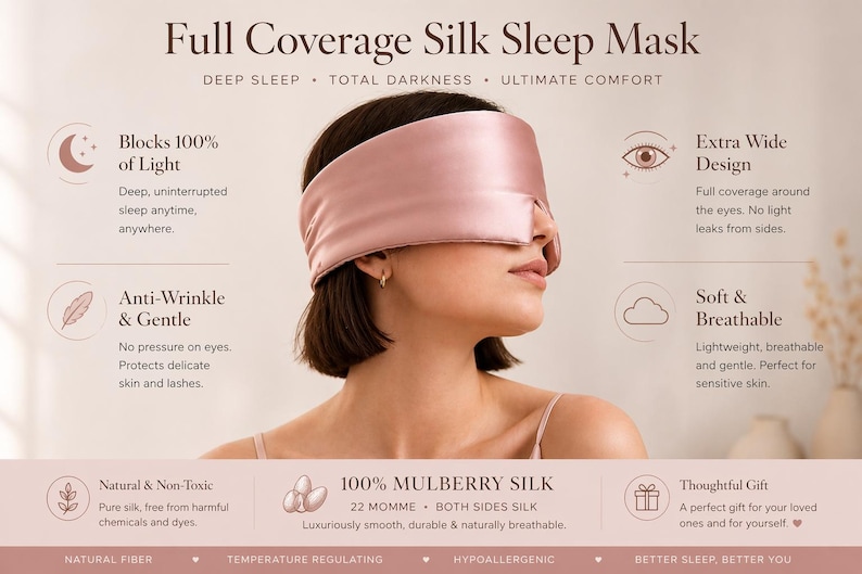 May include: A woman wearing a pale pink silk sleep mask. The mask is designed for full coverage and total darkness. The image includes the text "Full Coverage Silk Sleep Mask".