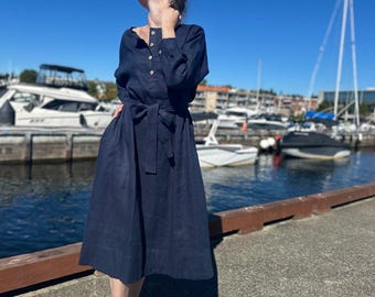 Midnight Navy Linen Maxi Dress, Oversized Belted Shirt, Scandinavian Style