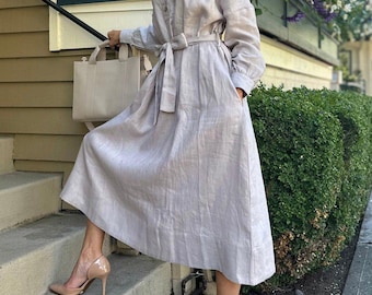 Oversized Linen Maxi Dress, Belted Shirt Dress, Scandinavian Style, Natural Clothing
