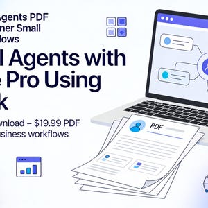 Może przedstawiać: Obraz cyfrowego przewodnika zatytułowanego "Claude Pro AI Agents PDF Guide for Beginner Small Business Workflows". Obraz przedstawia laptop z diagramem, stos dokumentów PDF i ikon. Przewodnik dotyczy budowania agentów AI.