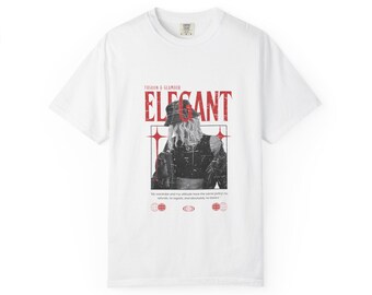 Elegant Graphic Tee, Vintage Style Typography Shirt with Red Print, Unisex Streetwear Top