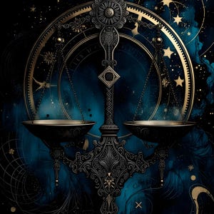 Puede incluir: Una balanza decorativa de metal con intrincados patrones de filigrana y dos platos suspendidos. El diseño se presenta sobre un fondo azul oscuro con elementos celestiales dorados, incluyendo estrellas, anillos circulares y patrones cósmicos.
