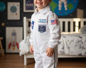 Disfraz de astronauta blanco largo personalizado para niños, atuendo con temática de astronauta. Mono de explorador espacial.