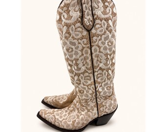 Corral G1128 Womens 8 Bone Tall Lace Embroidery Cowboy Boots Wedding Snip Toe