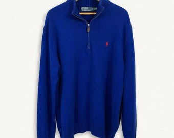 Polo Ralph Lauren Suéter de hombre XL con cremallera de un cuarto, azul, de punto de algodón, Red Pony Old Money