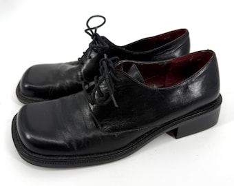 VTG 90er Jahre Nine West Damen 7.5 Oxfords Schwarzes Leder Karree Grunge Blockabsatz