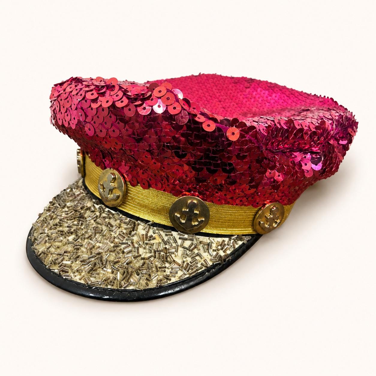 Vintage Hooray Henri Womens Captain Hat Pink Sequin Beaded 
