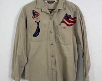 90s Willowbend Womens Large Button Up Shirt Tan Patriotic Bear Flag Stars USA
