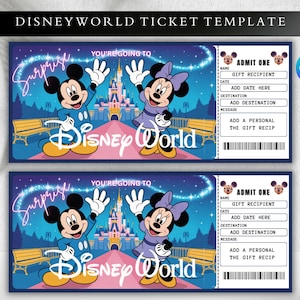 以下が含まれることがあります： ミッキーとミニーマウスのイラストが描かれた、2つのディズニーワールドチケットテンプレート。チケットは青色の背景で、「Surprise」と「You're Going To」の文字が入っています。チケットには、受取人、日付、宛先のフィールドが含まれています。