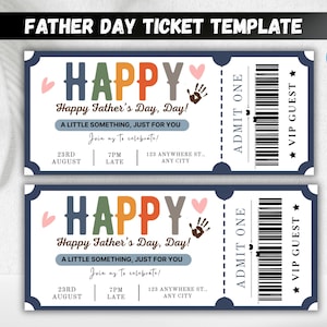 Könnte beinhalten: Zwei Vorlagen für Vatertags-Tickets mit weißem Hintergrund und marineblauem Rand. Die Tickets tragen das Wort "HAPPY" in bunten Buchstaben, mit dem Text "Happy Father's Day, Day!" und Veranstaltungsdetails. Enthält Handabdruck- und Herzgrafiken.