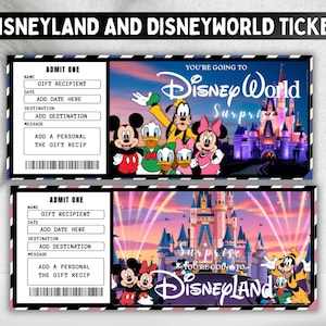Może przedstawiać: Dwa bilety do Disneylandu i Disneyworld. Każdy bilet ma sekcję do dodania odbiorcy prezentu, daty, miejsca docelowego i osobistej wiadomości. Bilety przedstawiają postacie Disneya i tekst "You're going to Disneyland/Disney World Surprise".