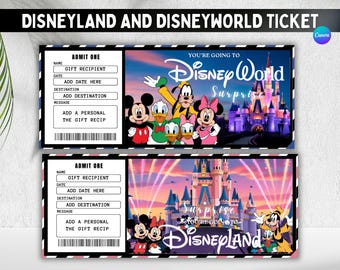 Disneyland and Disneyworld Ticket ,Theme Park Gift Voucher, Family Adventure Pass Template, Surprise Trip Reveal, Editable Canva Ticket