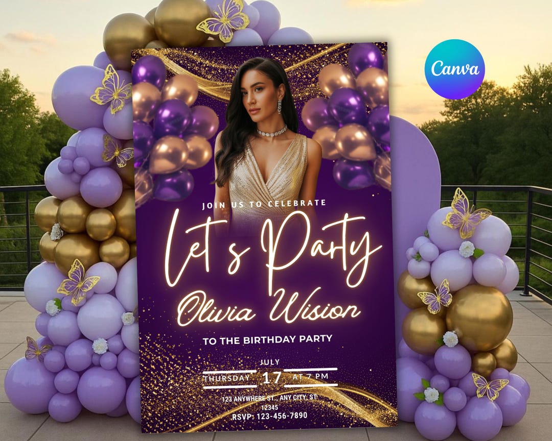 Purple and Gold Welcome Sign Template , Editable Birthday Sign, Gold ...