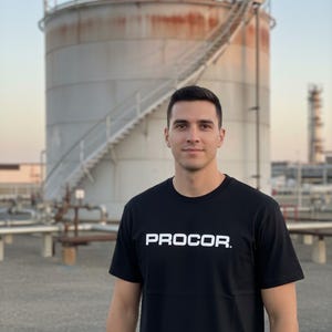 Op de afbeelding: Een zwart t-shirt met het woord "PROCOR." in het wit gedrukt. De persoon staat voor een grote industriële tank met een trap. De achtergrond omvat industriële infrastructuur en een heldere lucht.