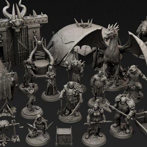 May include: A collection of gray fantasy miniatures, including a dragon, tent, archers, and various warrior figures. The set features detailed sculptures of creatures and structures, suitable for tabletop gaming or display.