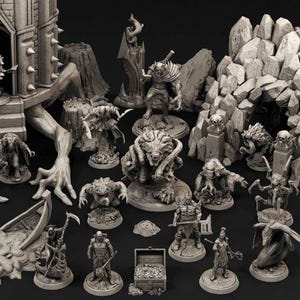 May include: A collection of gray miniature fantasy figurines and terrain pieces, including a castle, monsters, and rocky landscapes. The set features various creatures, a treasure chest, and a boat, perfect for tabletop gaming.