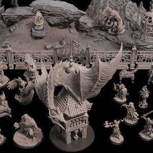 Może przedstawiać: Zbiór miniaturowych elementów terenu fantasy, w tym smok, klatki, posągi i ozdobne ogrodzenie. Elementy są w neutralnym kolorze, odpowiednie do malowania. Idealne do gier stołowych lub modelarstwa.