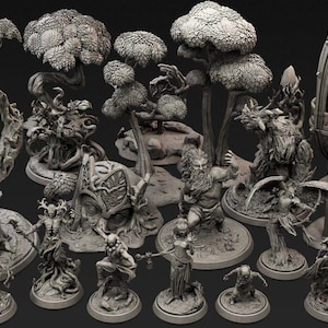 May include: A collection of fantasy miniatures, including tree-like figures, mythical creatures, and architectural elements. The figures are in various poses and sizes, with detailed textures and designs. The overall color is a muted gray.