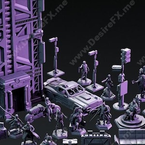 Może przedstawiać: Kolekcja miniaturowych modeli science-fiction w odcieniach fioletu i szarości. Zestaw zawiera budynek, pojazdy, figurki i elementy uliczne. Modele są szczegółowe i nadają się do gier stołowych lub ekspozycji.