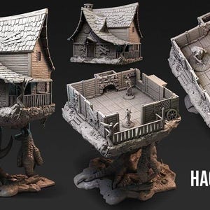 May include: A set of miniature, weathered houses and interior scenes, each perched on a rocky base. The structures feature detailed architectural elements, including sloped roofs, balconies, and distressed wooden siding. The text "HAG'S HOUSE" is visible.
