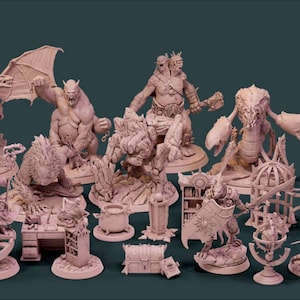 May include: A selection of beige fantasy miniatures, featuring a winged demon, a two-headed giant, a bear-like warrior, and other creatures and props. The figures are set against a dark teal background.