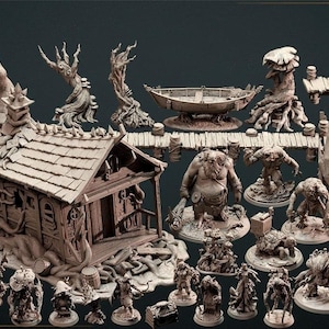Könnte beinhalten: Eine Sammlung von Fantasy-Miniaturen, darunter ein detailliertes Holzhaus, ein Boot, ein Dock und verschiedene Kreaturen. Die Miniaturen sind in einer neutralen Farbpalette gehalten und eignen sich für Tabletop-Spiele oder Ausstellungen. Das Set enthält Monster und Geländeelemente.