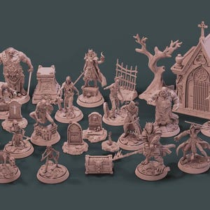 Puede incluir: Colección de figuras de fantasía en miniatura beige, que incluyen monstruos, guerreros, lápidas, una capilla y un ataúd. Las figuras están dispuestas sobre una superficie verde oscuro, para juegos de mesa o exhibición.