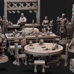 Puede incluir: Colección de figuras en miniatura detalladas que representan una escena de taberna fantástica. El conjunto incluye figuras de varios personajes, mesas, sillas, una barra y un cofre del tesoro. La paleta de colores es principalmente neutra.