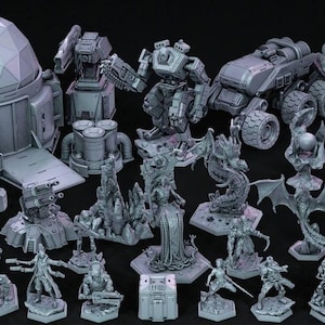 May include: A selection of grey miniature figurines, featuring a domed structure, robots, vehicles, and alien creatures. The detailed miniatures suggest a science fiction or fantasy game setting.