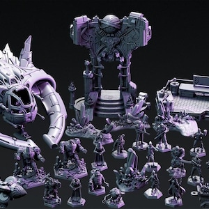 Pode incluir: Uma coleção de peças de jogo de fantasia em miniatura em tons de roxo e cinza. O conjunto inclui uma nave espacial, um grande arco, uma plataforma com uma consola e várias figuras e veículos. As peças são muito detalhadas e parecem ser de plástico.